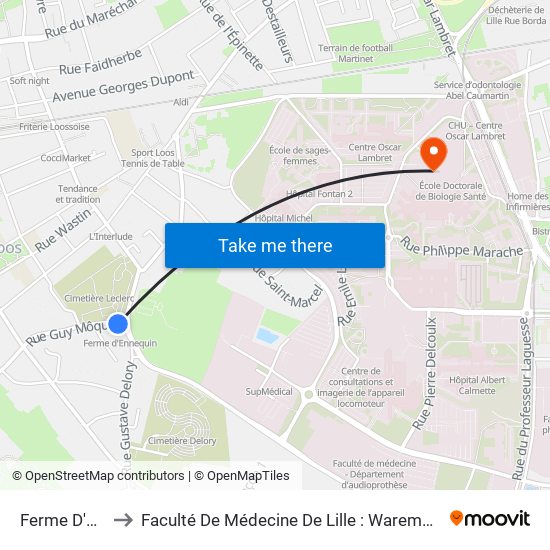 Ferme D'Ennequin to Faculté De Médecine De Lille : Warembourg 1 - Pôle Recherche map