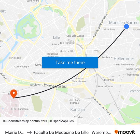 Mairie De Mons to Faculté De Médecine De Lille : Warembourg 1 - Pôle Recherche map