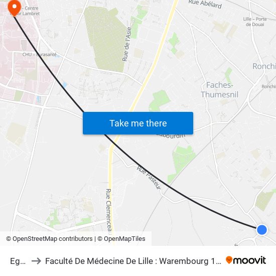 Eglise to Faculté De Médecine De Lille : Warembourg 1 - Pôle Recherche map