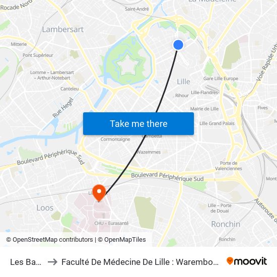 Les Bateliers to Faculté De Médecine De Lille : Warembourg 1 - Pôle Recherche map