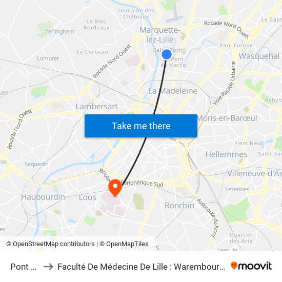 Pont Blanc to Faculté De Médecine De Lille : Warembourg 1 - Pôle Recherche map