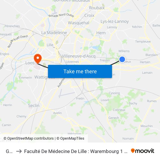 Gare to Faculté De Médecine De Lille : Warembourg 1 - Pôle Recherche map