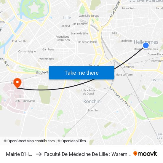 Mairie D'Hellemmes to Faculté De Médecine De Lille : Warembourg 1 - Pôle Recherche map