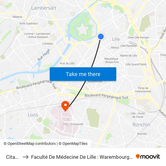 Citadelle to Faculté De Médecine De Lille : Warembourg 1 - Pôle Recherche map