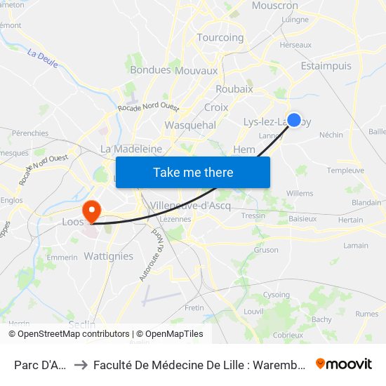 Parc D'Activités to Faculté De Médecine De Lille : Warembourg 1 - Pôle Recherche map