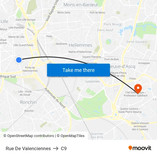 Rue De Valenciennes to C9 map