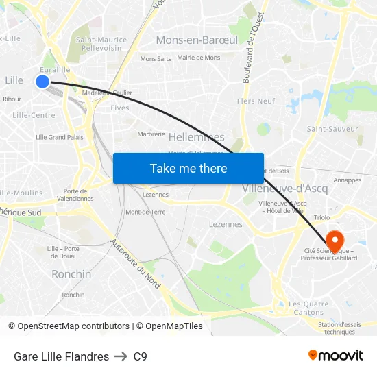 Gare Lille Flandres to C9 map