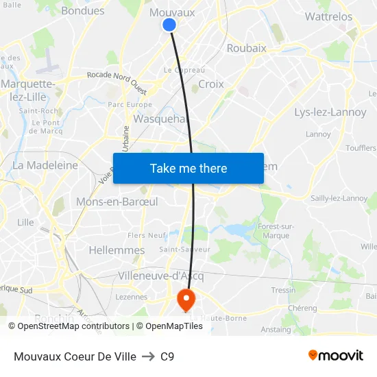 Mouvaux Coeur De Ville to C9 map