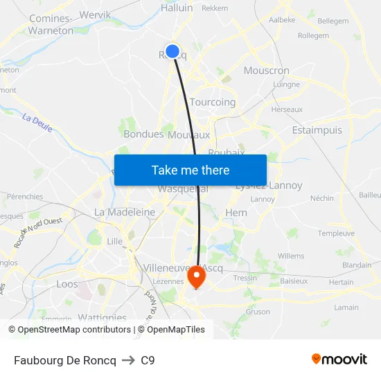 Faubourg De Roncq to C9 map