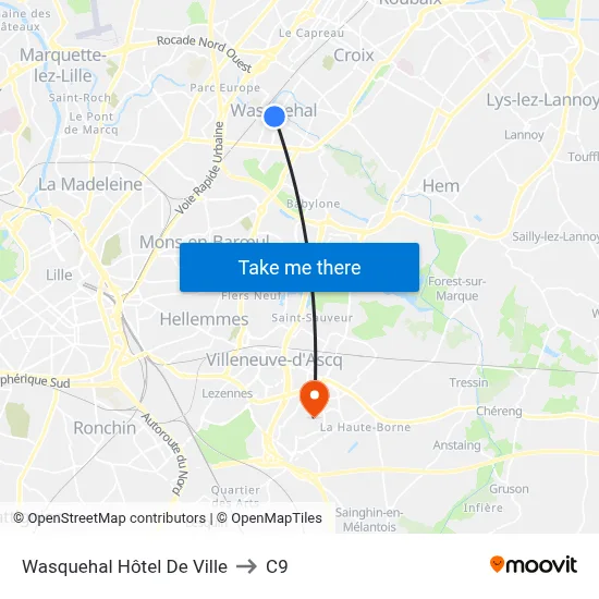 Wasquehal Hôtel De Ville to C9 map