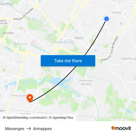 Mesanges to Annappes map