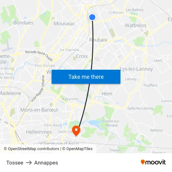 Tossee to Annappes map