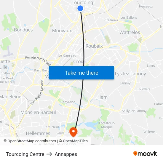 Tourcoing Centre to Annappes map
