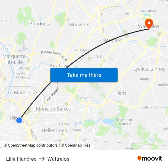 Lille Flandres to Wattrelos map