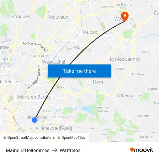 Mairie D'Hellemmes to Wattrelos map