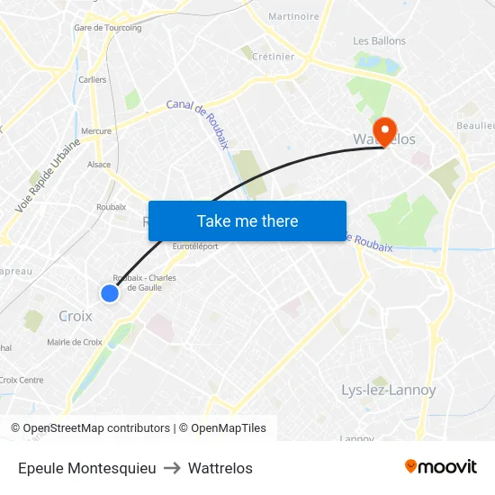 Epeule Montesquieu to Wattrelos map