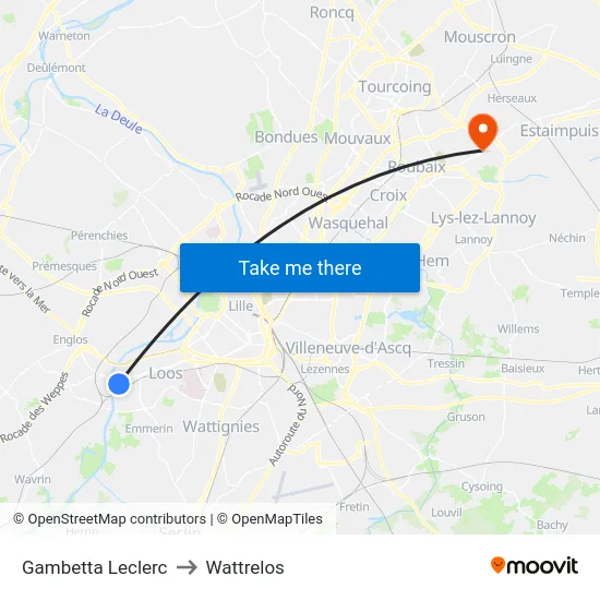 Gambetta Leclerc to Wattrelos map