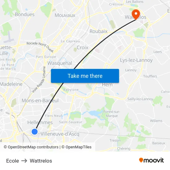 Ecole to Wattrelos map