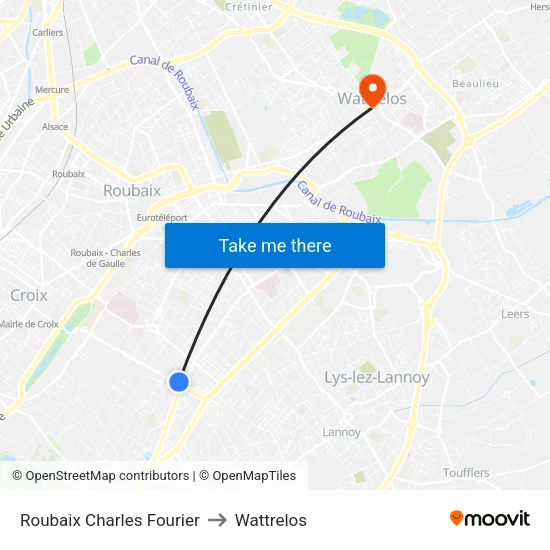 Roubaix Charles Fourier to Wattrelos map