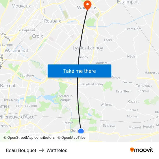 Beau Bouquet to Wattrelos map