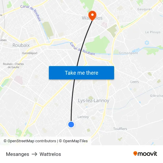 Mesanges to Wattrelos map