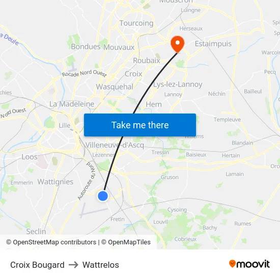 Croix Bougard to Wattrelos map