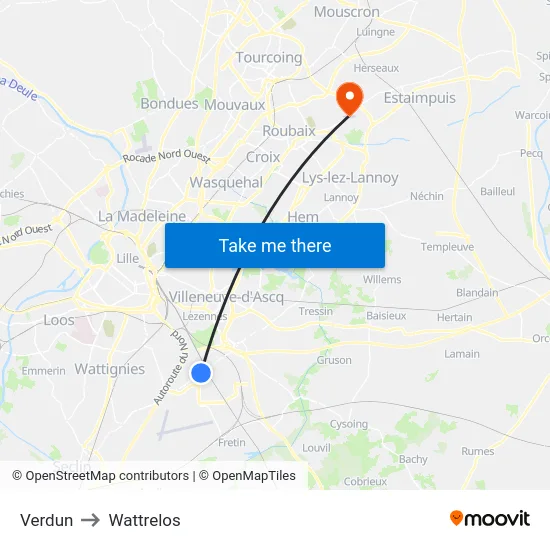 Verdun to Wattrelos map