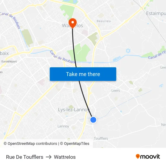 Rue De Toufflers to Wattrelos map