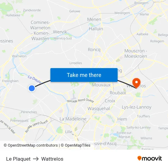 Le Plaquet to Wattrelos map
