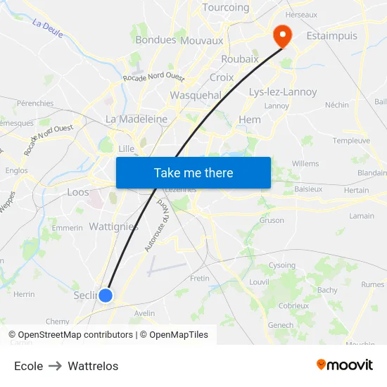 Ecole to Wattrelos map