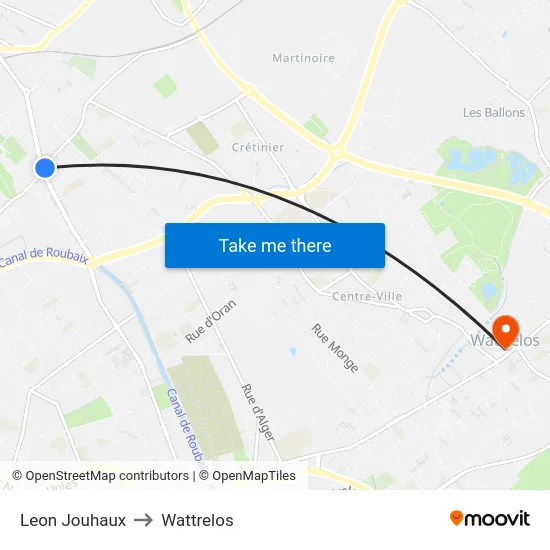 Leon Jouhaux to Wattrelos map