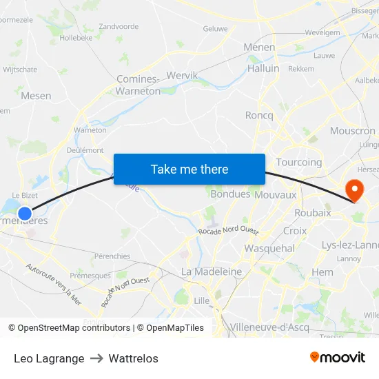 Leo Lagrange to Wattrelos map