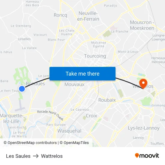 Les Saules to Wattrelos map