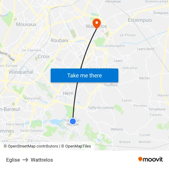 Eglise to Wattrelos map