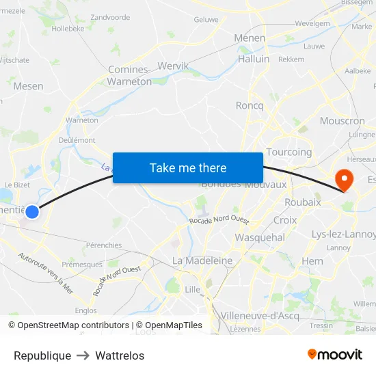 Republique to Wattrelos map