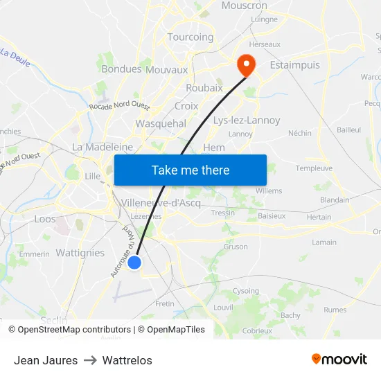 Jean Jaures to Wattrelos map