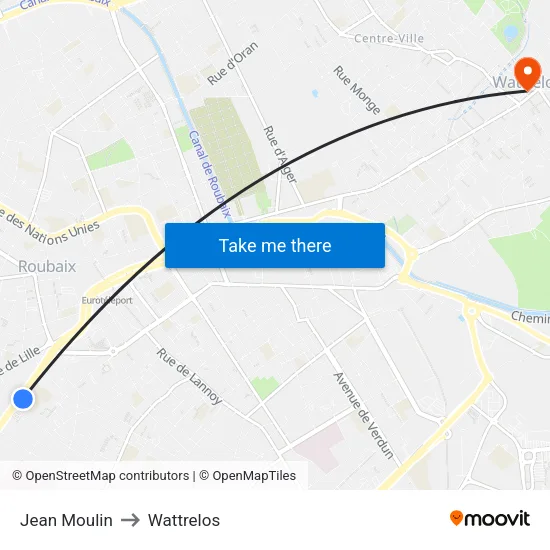 Jean Moulin to Wattrelos map