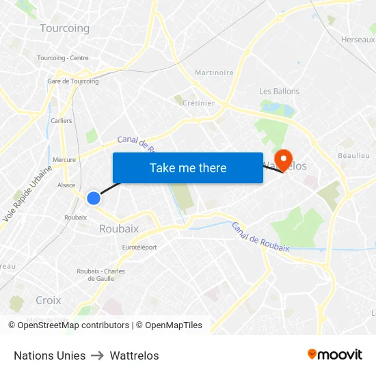 Nations Unies to Wattrelos map