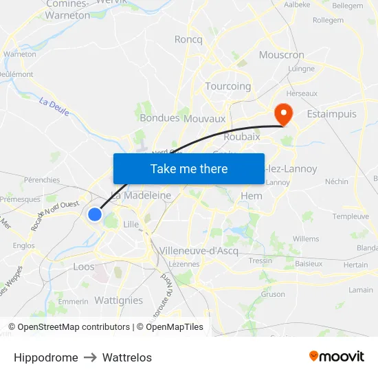 Hippodrome to Wattrelos map