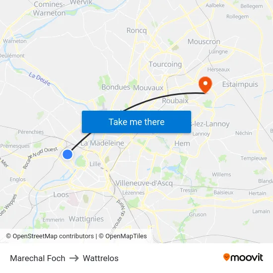 Marechal Foch to Wattrelos map