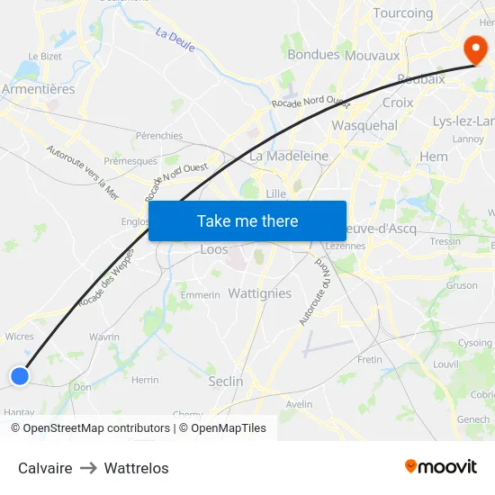 Calvaire to Wattrelos map