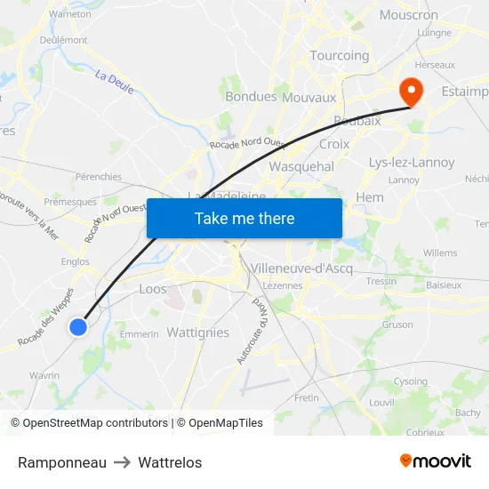 Ramponneau to Wattrelos map