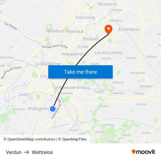 Verdun to Wattrelos map