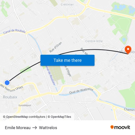 Emile Moreau to Wattrelos map