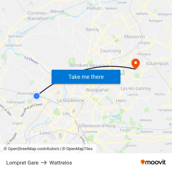 Lompret Gare to Wattrelos map