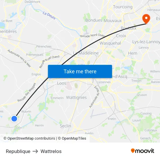 Republique to Wattrelos map