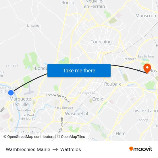 Wambrechies Mairie to Wattrelos map