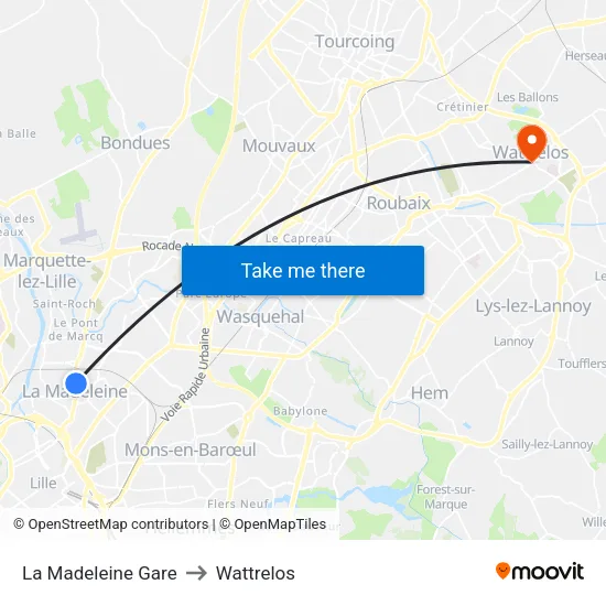 La Madeleine Gare to Wattrelos map