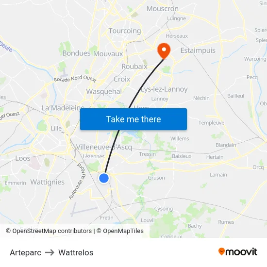 Arteparc to Wattrelos map