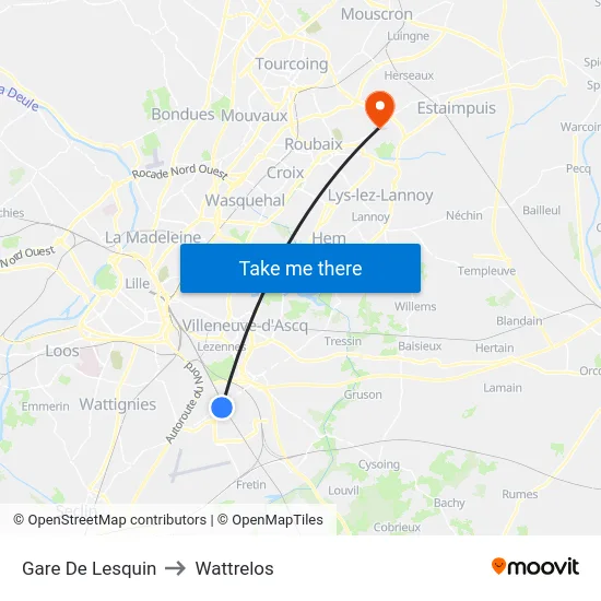 Gare De Lesquin to Wattrelos map